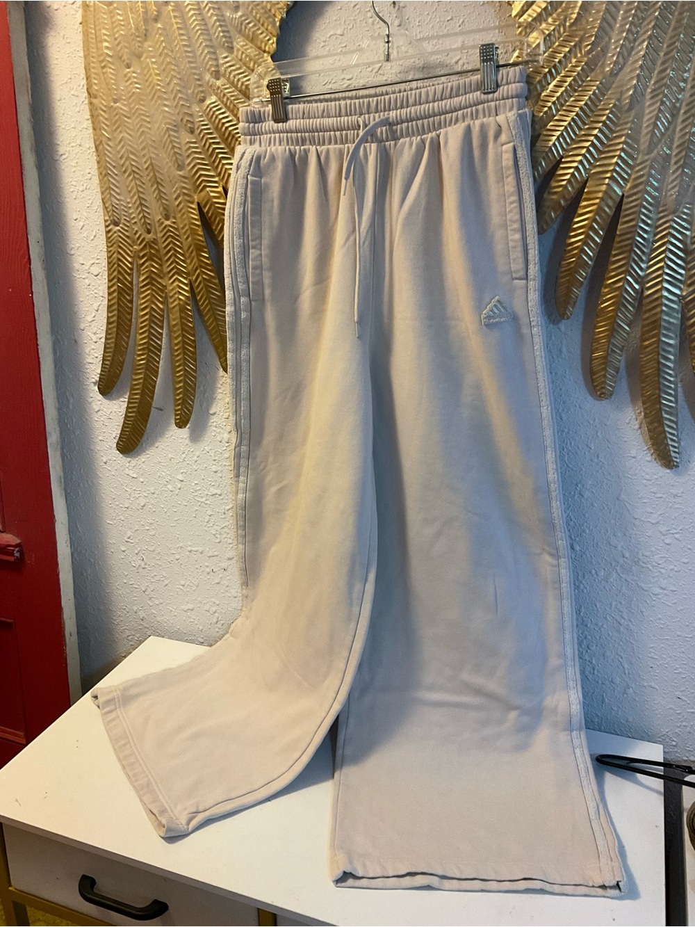 Adidas Baggy Sweatpants Women's Small Cream White Striped Super Wide Leg Lounge